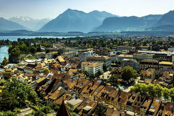 Framed Print : Aerial View over City of Thun and Lake with Mountain in a Sunny Day in Bernese Oberland