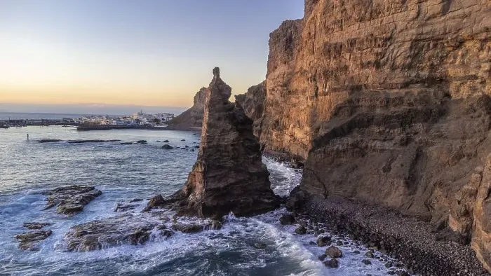 Framed Print : Aerial view of the cliffs and coast of Agaete at summer sunset in Gran Canaria