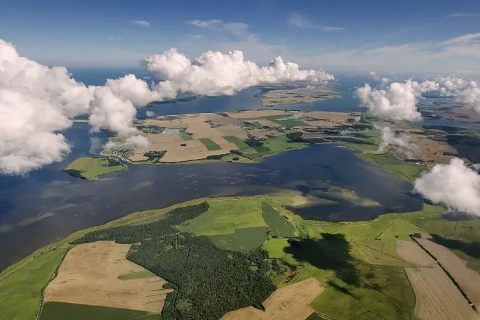 Framed Print : Aerial view, clouds, Ummanz on the island of Ruegen