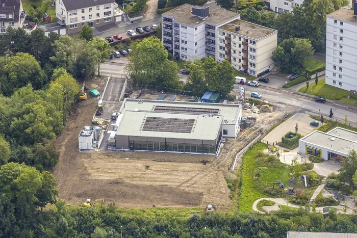 Framed Print : Aerial view, construction site with new swimming pool