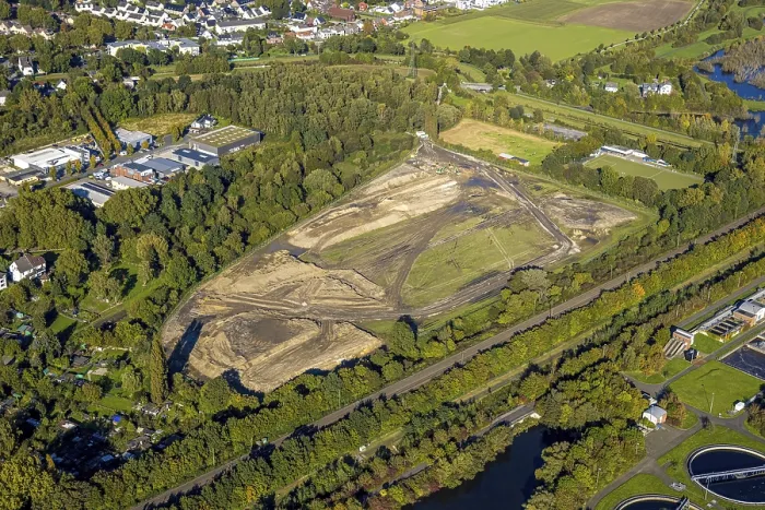 Framed Print : Aerial view, construction site for planned solar park on Friedrich-Holscher-StraBe in Scharnhorst