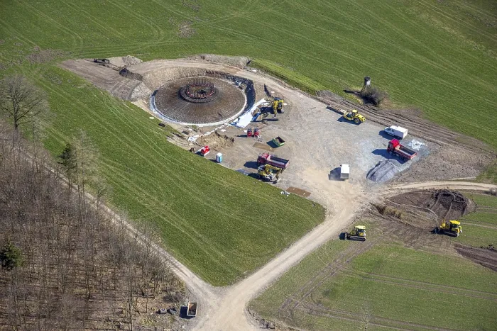 Framed Print : Aerial view, construction site for wind turbine wind power plant at Eichenberg Framed Print : Aerial view, construction site for wind turbine wind power plant at Eichenberg