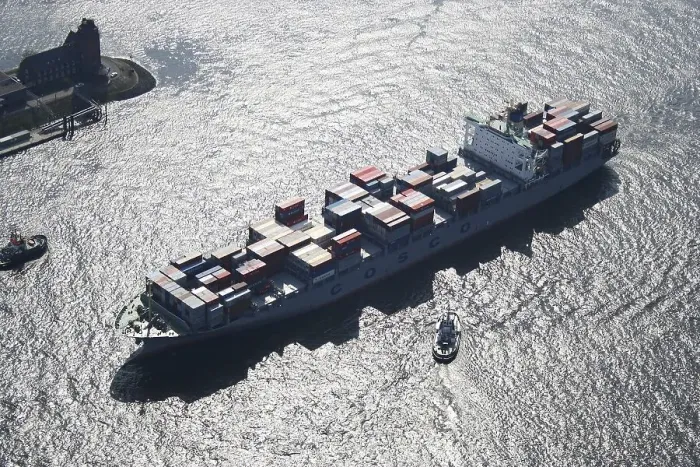 Framed Print : Aerial view of a container ship of the Chinese shipping company COSCO