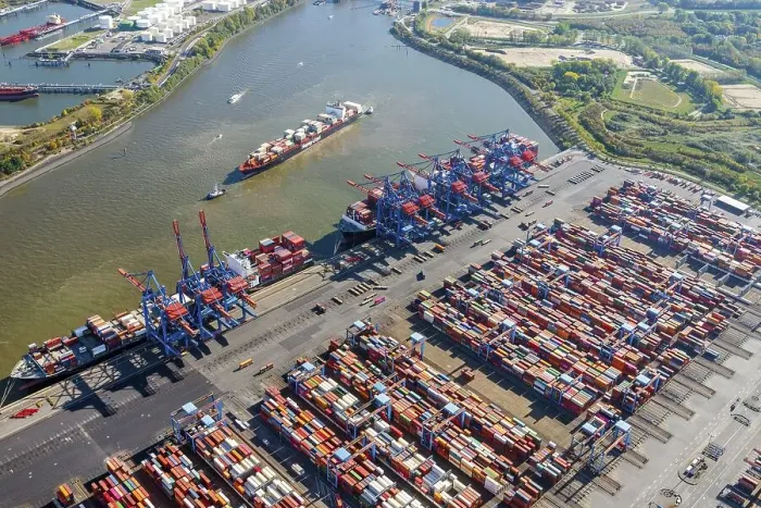 Framed Print : Aerial view of the container ship Montreal Express of Hapag Lloyd on the Suederelbe Framed Print : Aerial view of the container ship Montreal Express of Hapag Lloyd on the Suederelbe