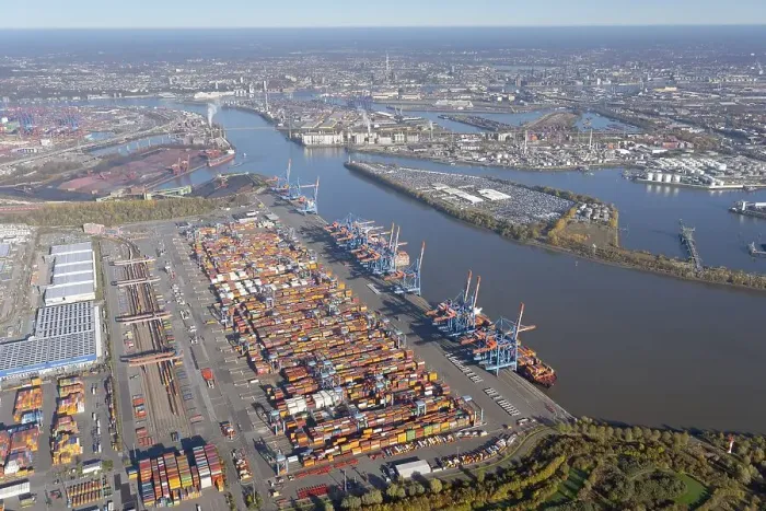 Framed Print : Aerial view of the Container Terminal Altenwerder behind it the city centre of Hamburg