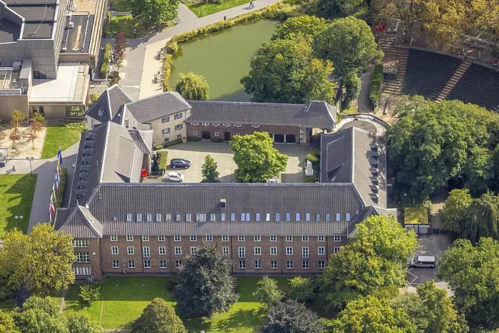 Framed Print : Aerial view, Dinslaken Castle and Palace with tree in the courtyard