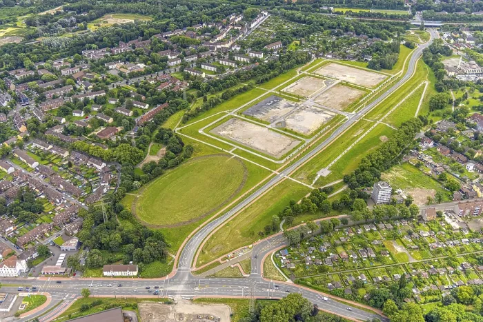 Framed Print : Aerial view, Duisburg-Nord, construction site and new development area Friedrich-Park on Fritz-Schupp-StraBe