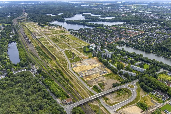 Framed Print : Aerial view, Duisburg-South, planned Duisburg residential quarter at the former marshalling yard Wedau Framed Print : Aerial view, Duisburg-South, planned Duisburg residential quarter at the former marshalling yard Wedau
