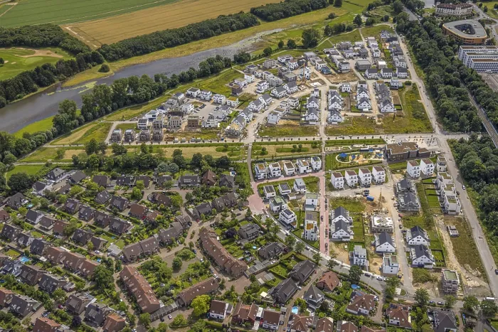 Framed Print : Aerial view, Duisburg-South, residential area Angerbogen