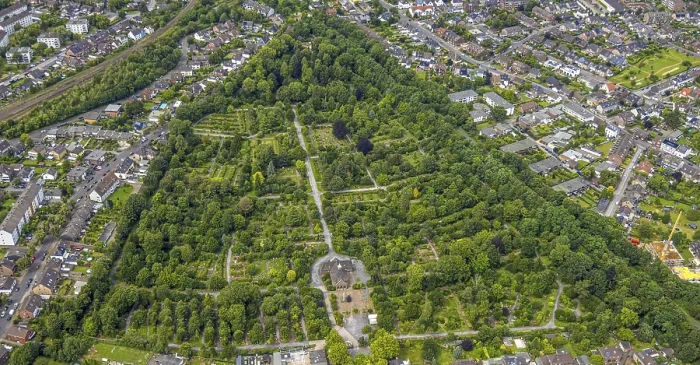 Framed Print : Aerial view, Duisburg-West, cemetery Trompet and church Reha
