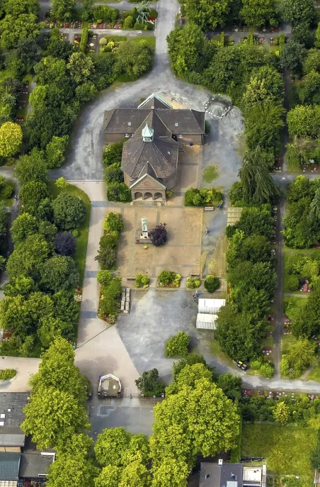 Framed Print : Aerial view, Duisburg-West, cemetery Trompet and church Reha