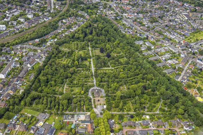 Framed Print : Aerial view, Duisburg-West, cemetery Trompet and church Reha