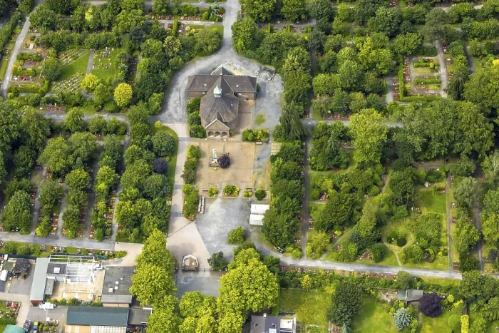 Framed Print : Aerial view, Duisburg-West, cemetery Trompet and church Reha