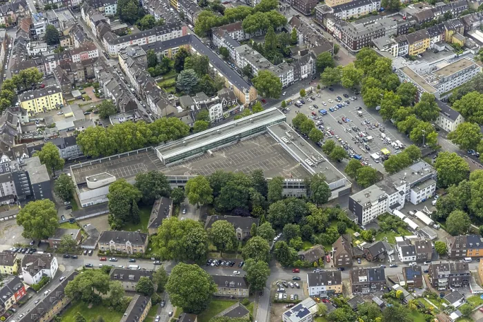 Framed Print : Aerial view, Duisburg-West, Marktforum shopping centre with parking deck