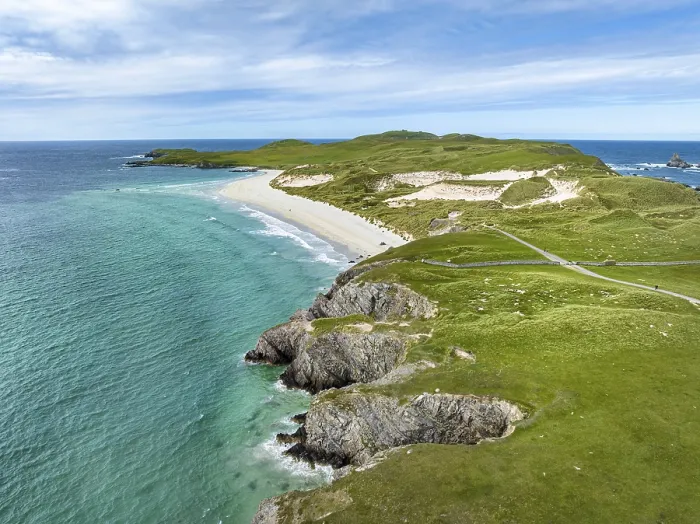Framed Print : Aerial view of the dune landscape on the Faraid Head peninsula with sandy beach