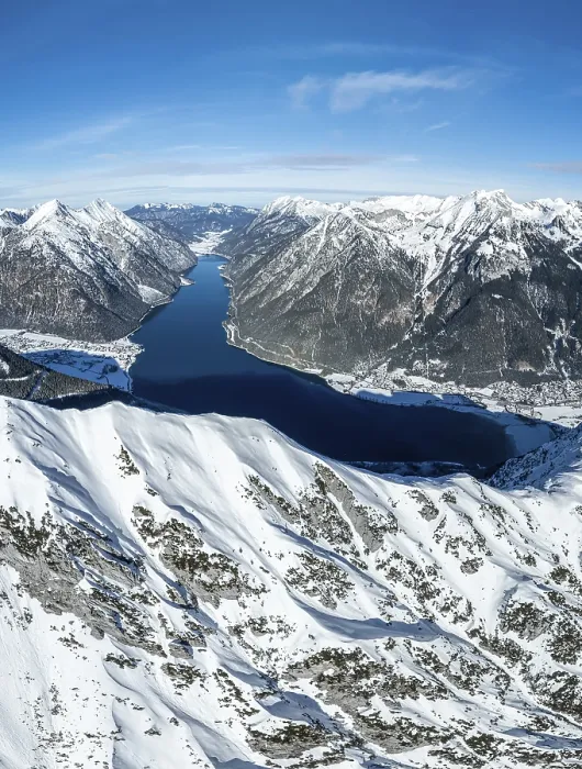 Framed Print : Aerial view, epic view of mountain landscape with snow in winter