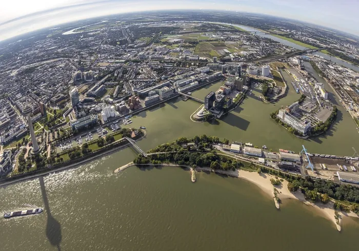 Framed Print : Aerial view, fisheye view of the Medienhafen in the harbour district of Dusseldorf Framed Print : Aerial view, fisheye view of the Medienhafen in the harbour district of Dusseldorf