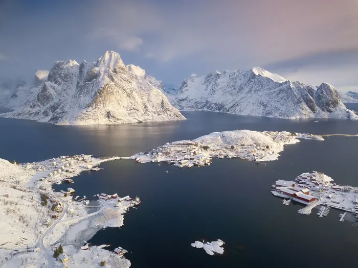 Framed Print : Aerial view, fishing village Reine in winter at dawn