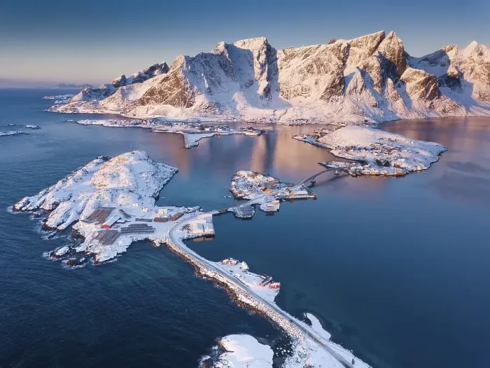 Framed Print : Aerial view, fjord landscape at sunrise