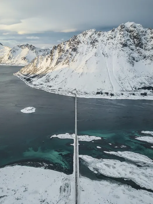 Framed Print : Aerial view, fjord landscape in winter with Gimsoystraumen bridge