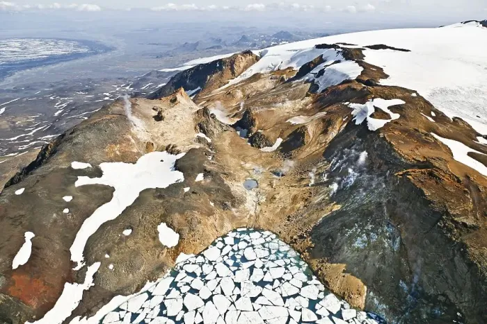 Framed Print : Aerial view of the geothermal area on the Kverkfjoell glacier