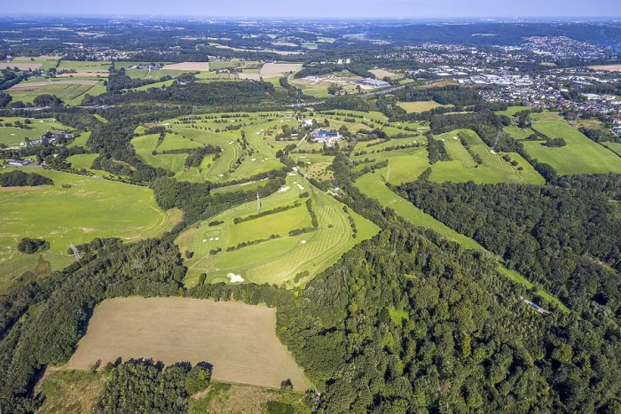 Framed Print : Aerial view, golf course Gut Berge golf meadow on the A1 motorway