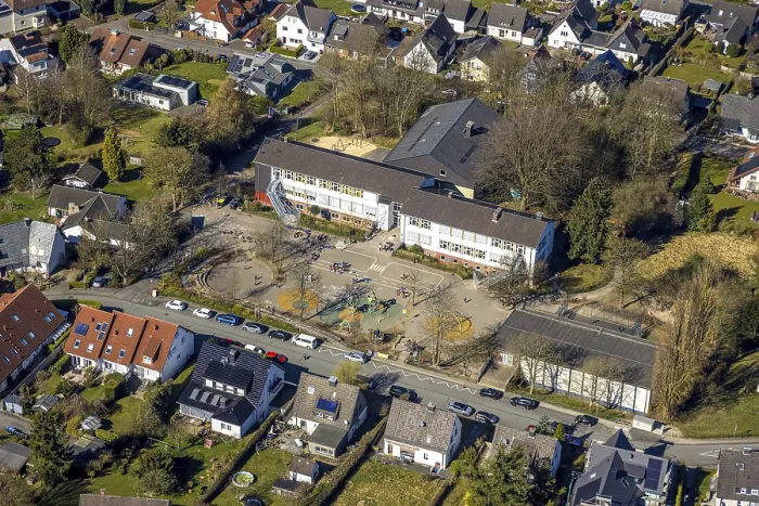 Framed Print : Aerial view, Grundschottel primary school and schoolyard with pupils