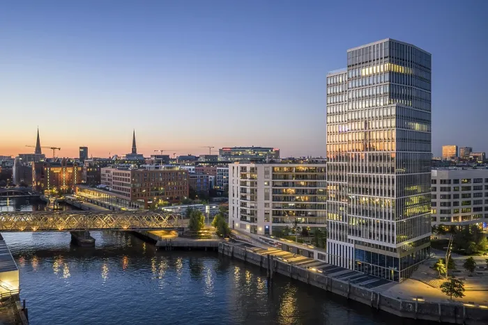 Framed Print : Aerial view of HafenCity University Hamburg (HCU) at blue hour with Magdeburger Hafen harbour and bridge