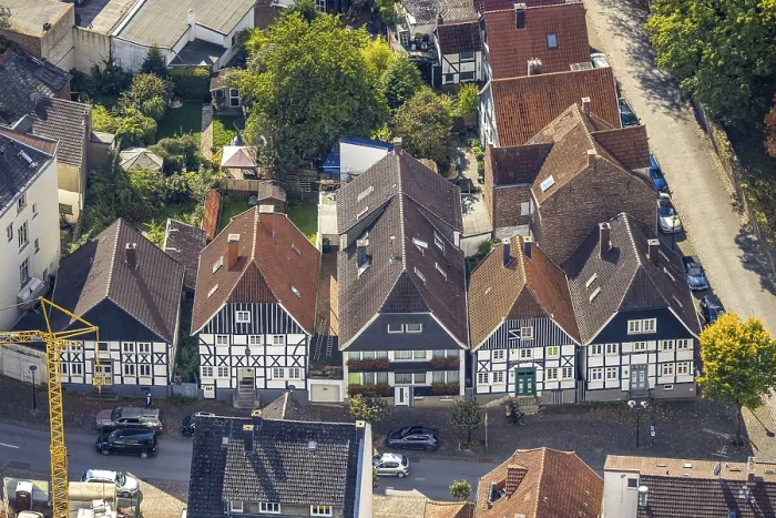 Framed Print : Aerial view, half-timbered houses Framed Print : Aerial view, half-timbered houses