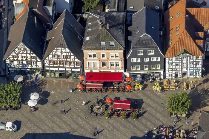 Framed Print : Aerial view, half-timbered houses at Unna market
