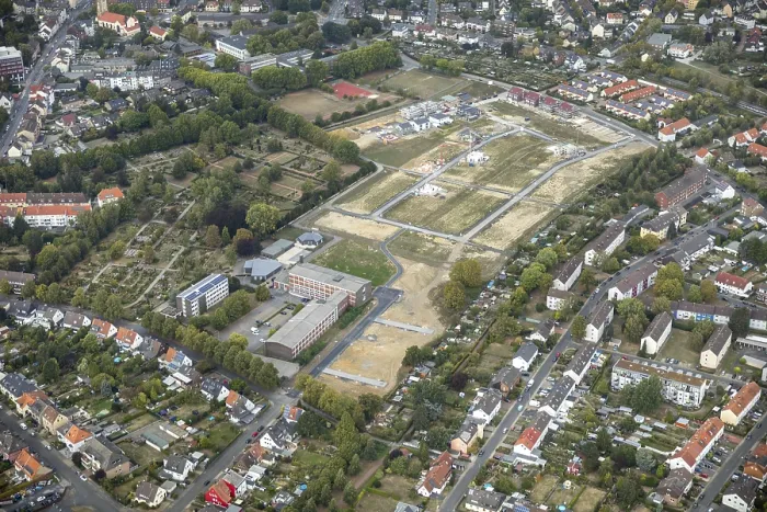 Framed Print : Aerial view, Hammer Suden building area