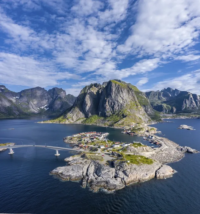Framed Print : Aerial view, Hamnoy, Reinefjord with mountains Framed Print : Aerial view, Hamnoy, Reinefjord with mountains