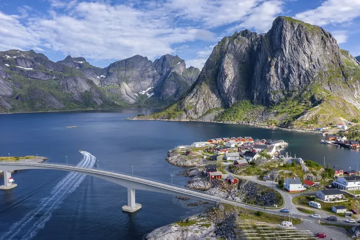 Framed Print : Aerial view, Hamnoy, Reinefjord with mountains
