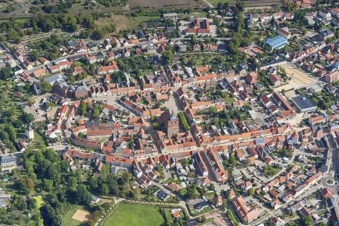 Framed Print : Aerial view of the Hanseatic town of Osterburg
