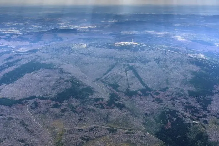 Framed Print : Aerial view Harz with Brocken, forest dieback