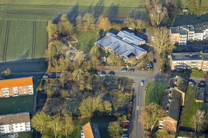 Framed Print : Aerial view, Heilig Kreuz catholic kindergarten