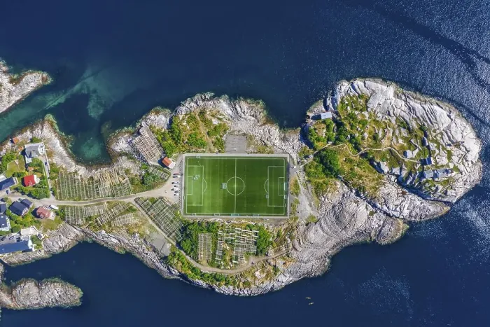 Framed Print : Aerial view, Henningsvaer with football stadium