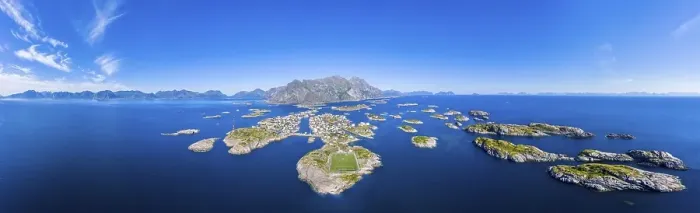 Framed Print : Aerial view, Henningsvaer with football stadium Framed Print : Aerial view, Henningsvaer with football stadium