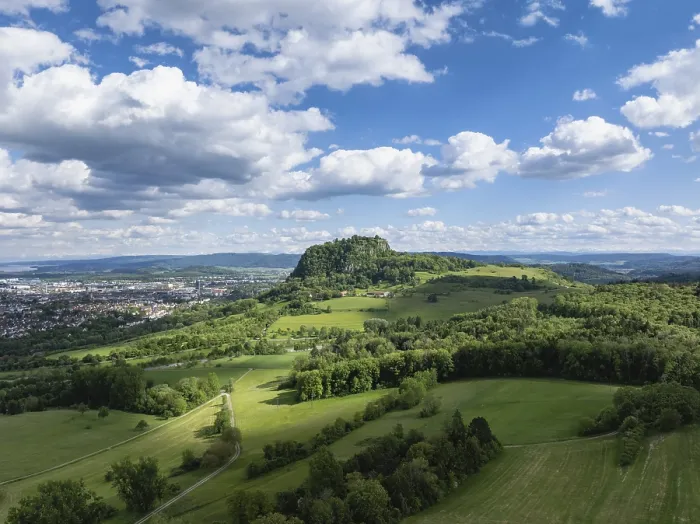 Framed Print : Aerial view of the Hohentwiel volcanic cone with Germany's largest fortress ruin