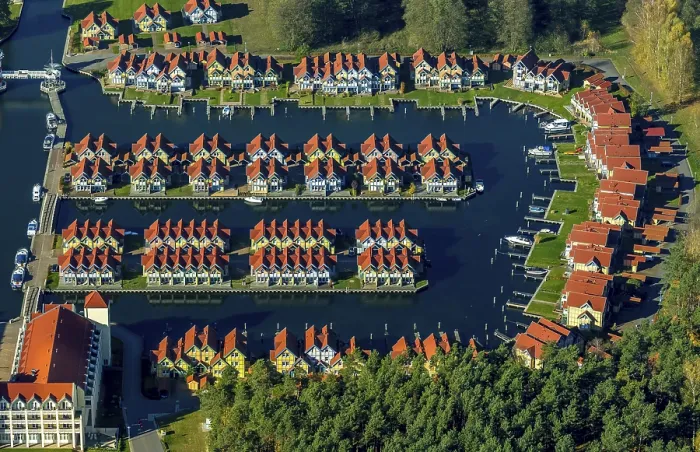 Framed Print : Aerial view, holiday homes with moorings Framed Print : Aerial view, holiday homes with moorings
