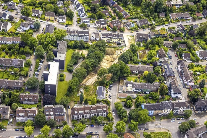 Framed Print : Aerial view, Holthausen residential area and construction site at Buggenbeck