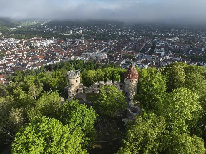 Framed Print : Aerial view of the Honburg castle ruins on the Honberg with the town of Tuttlingen