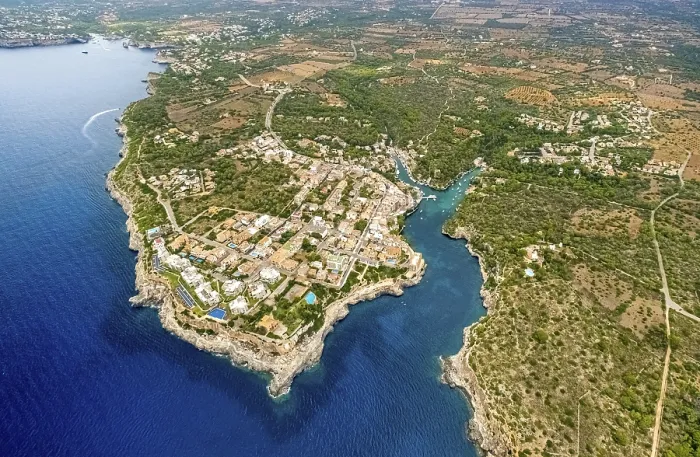 Framed Print : Aerial view, hotel complexes, Cala Figuera harbour and bay Framed Print : Aerial view, hotel complexes, Cala Figuera harbour and bay