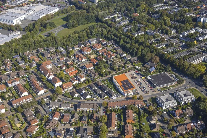 Framed Print : Aerial view, housing estate with Edeka and Norma supermarket Framed Print : Aerial view, housing estate with Edeka and Norma supermarket