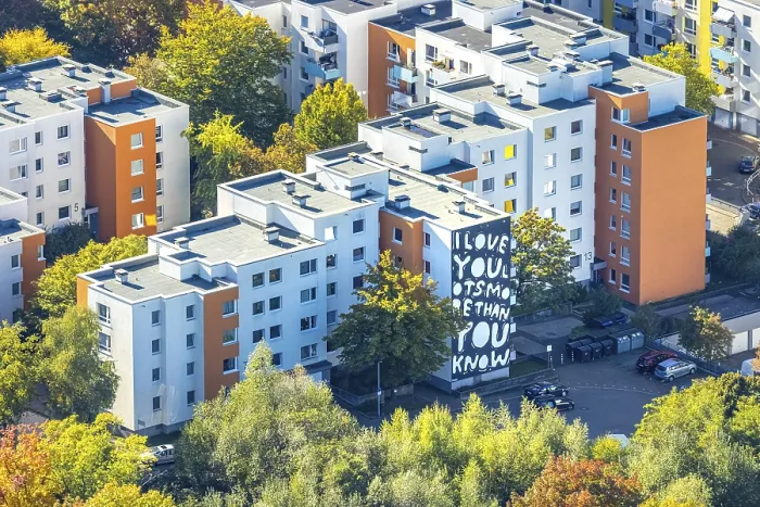 Framed Print : Aerial view, housing estate SemperstraBe and Gropiusweg with graffiti i love you lots more than you know
