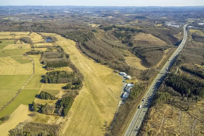 Framed Print : Aerial view, Hunsborn airfield runway and landing strip