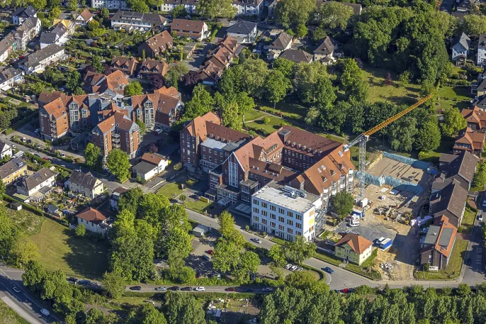 Framed Print : Aerial view, Huttenhospital gemeinnutzige GmbH construction site with new building