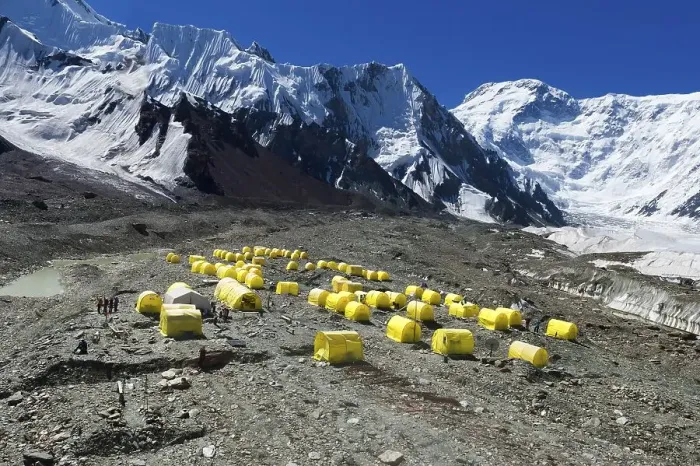 Framed Print : Aerial view of the Khan Tengri Base Camp installed on the Engilcheck glacier moraine