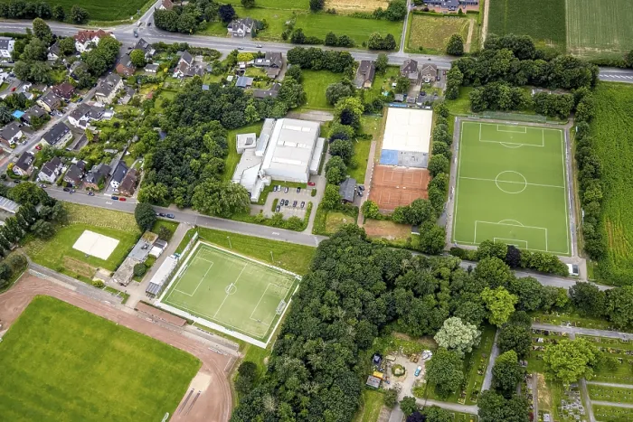Framed Print : Aerial view, Kirchhellen district sports centre Framed Print : Aerial view, Kirchhellen district sports centre