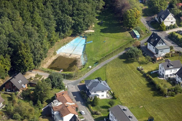 Framed Print : Aerial view, Kredenbach natural swimming pool